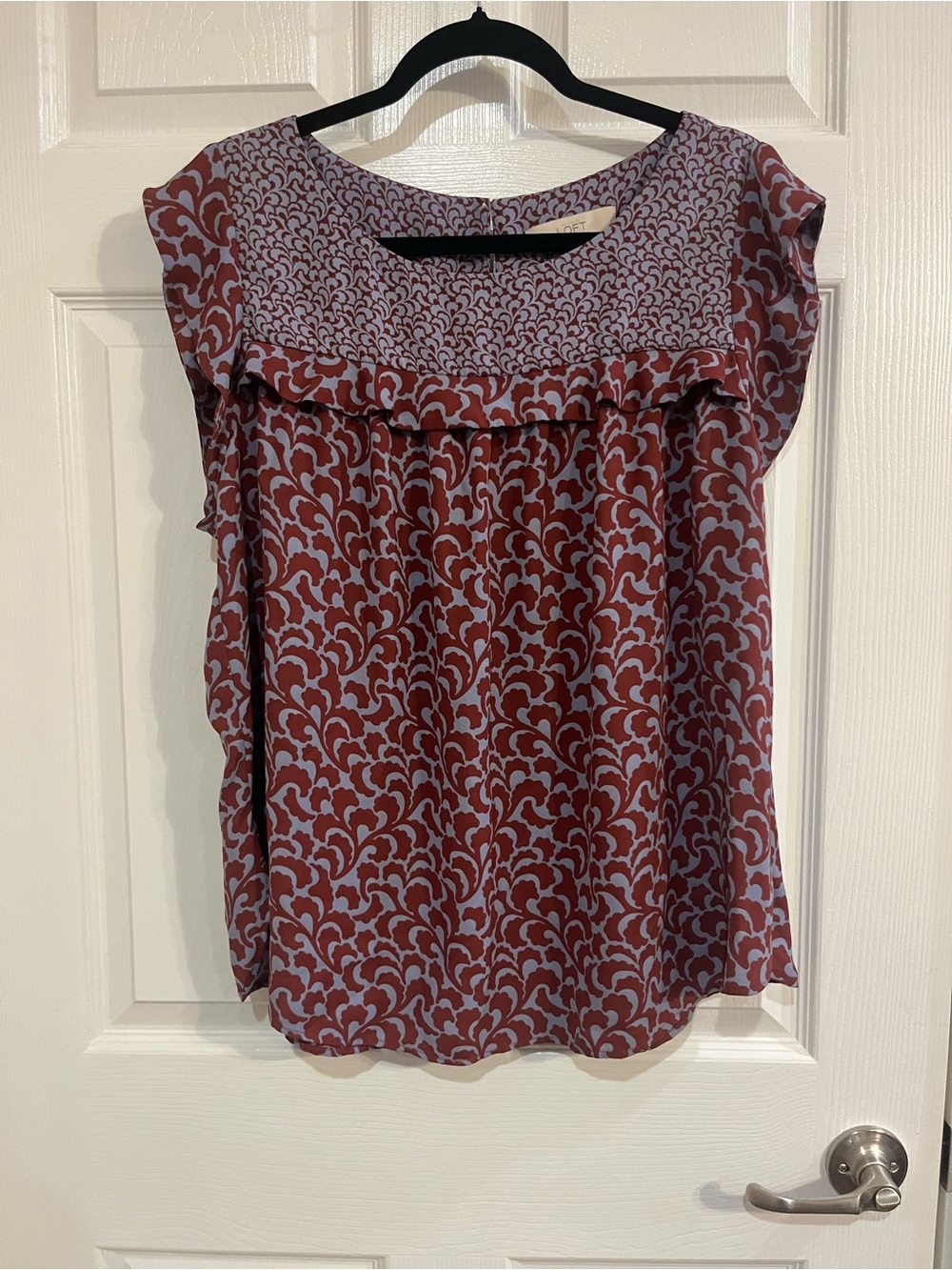 LOFT Rust and Light Blue Ruffle Yoke Short Sleeve Blouse